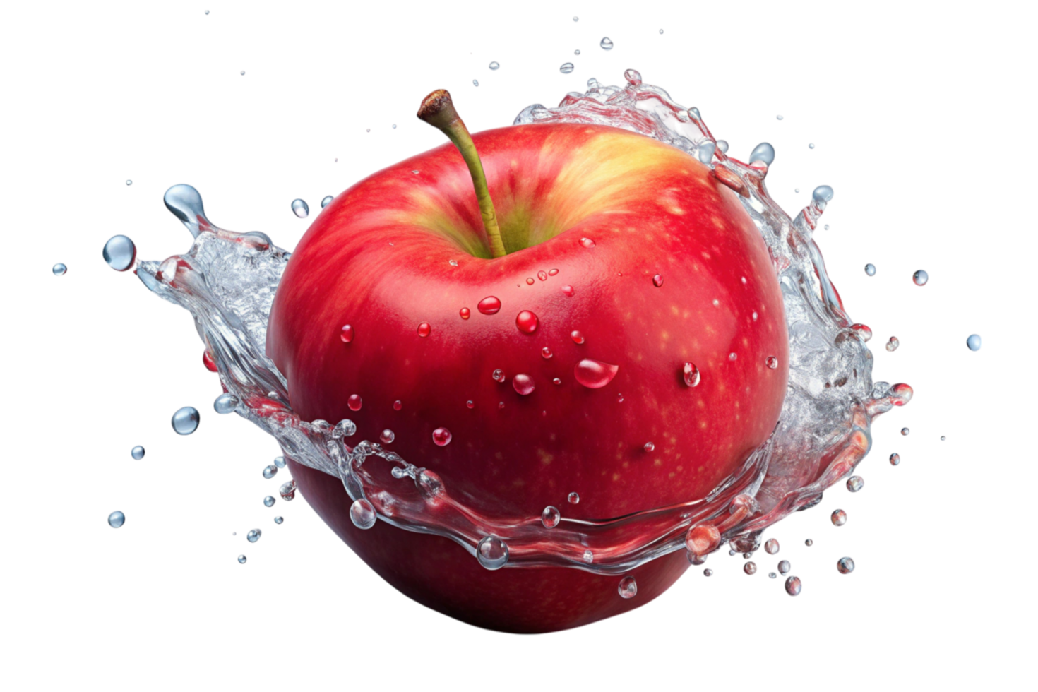 Red apple captured in mid-splash with glistening water droplets showcasing its freshness and appetizing appeal. png