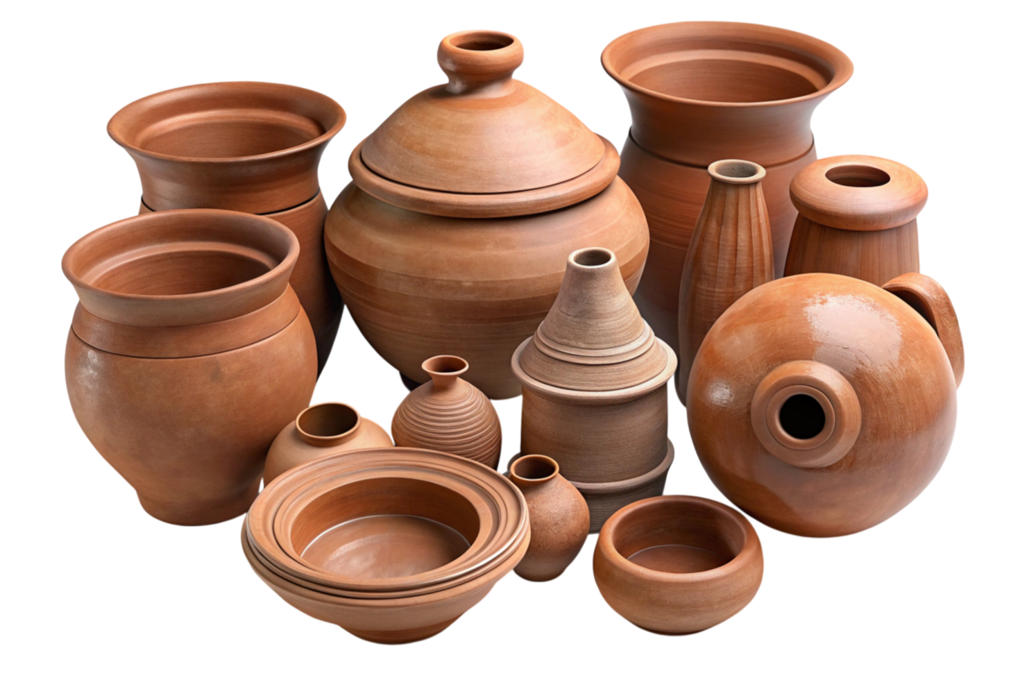 Sammlung von handgemacht braun Lehm Töpfe und Krüge von verschiedene Formen und Größen, präsentieren traditionell Keramik Handwerkskunst und Design. png