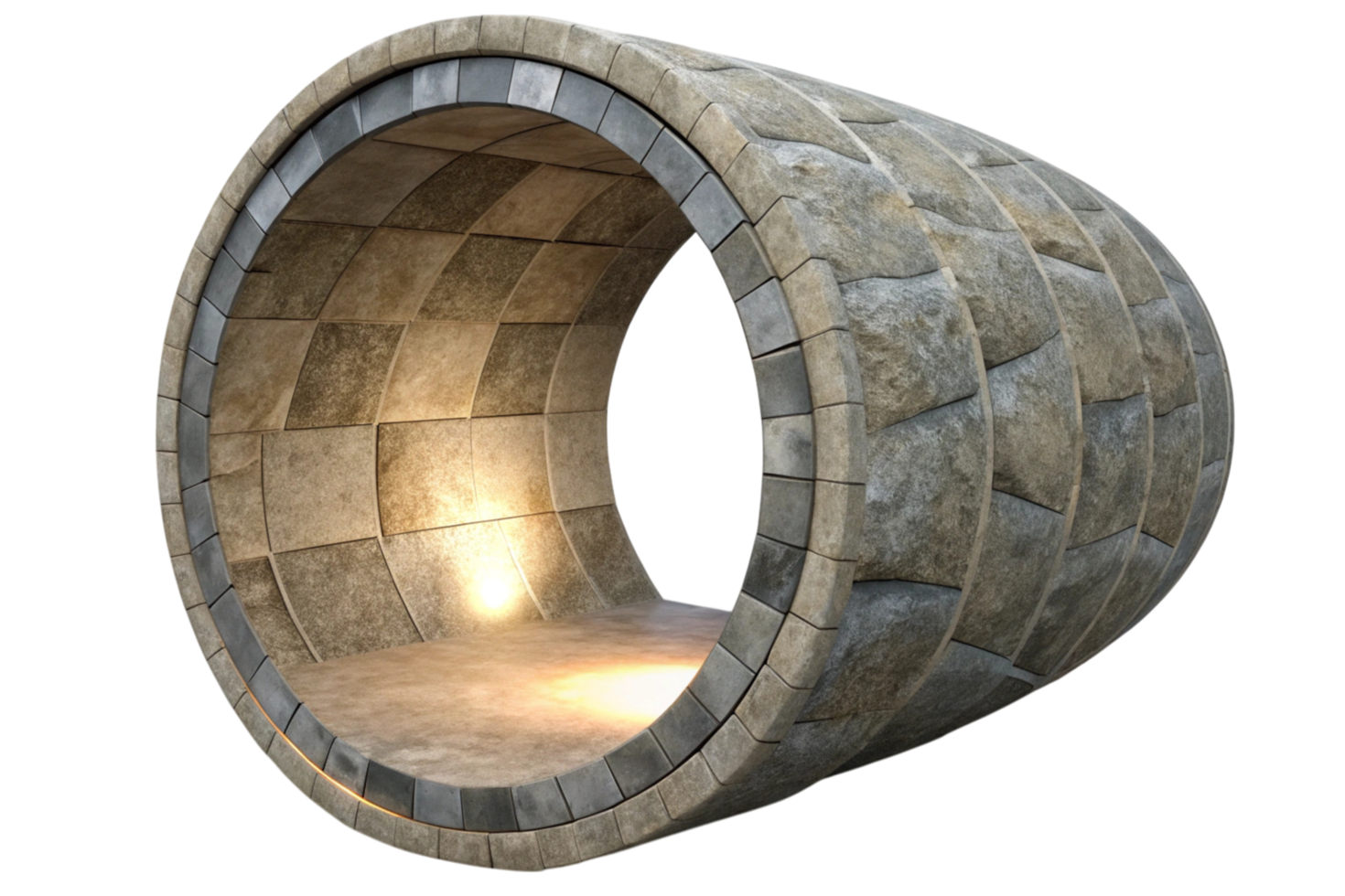 Modern cylindrical stone sculpture with textured patterns and inner illumination, showcasing an artistic and futuristic design. png