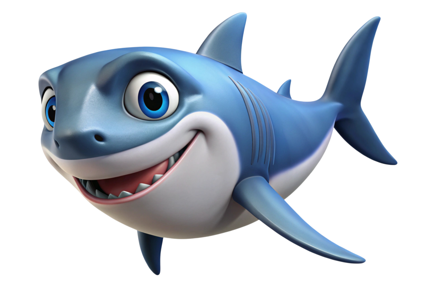 3D rendering of a friendly shark character with a wide smile, suitable for family friendly content, animations, and marine storytelling. png