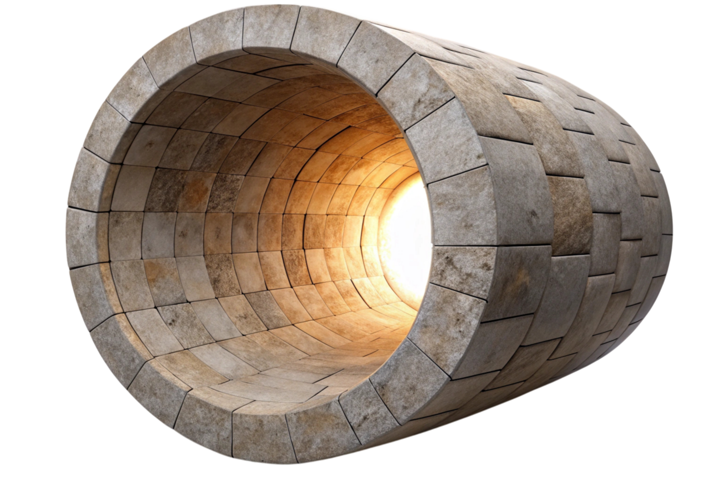 3D artistic cylindrical stone structure resembling a tunnel with intricate geometric patterns and glowing interior illumination. png