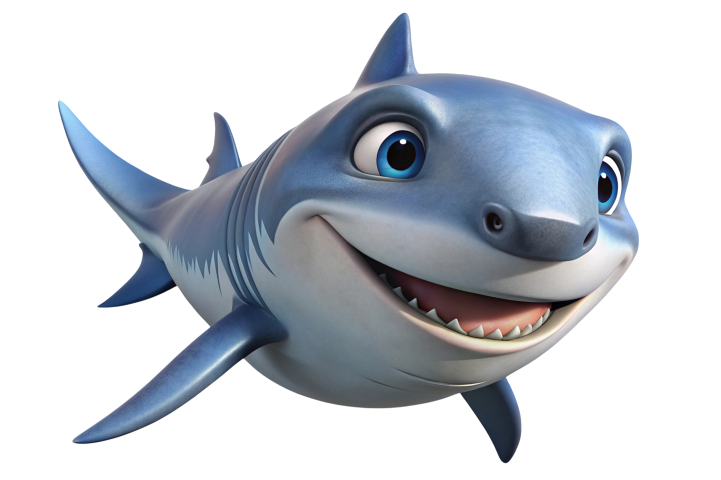 Animated smiling shark with a cheerful and friendly expression, ideal for childrens illustrations, aquatic themes, and character design. png