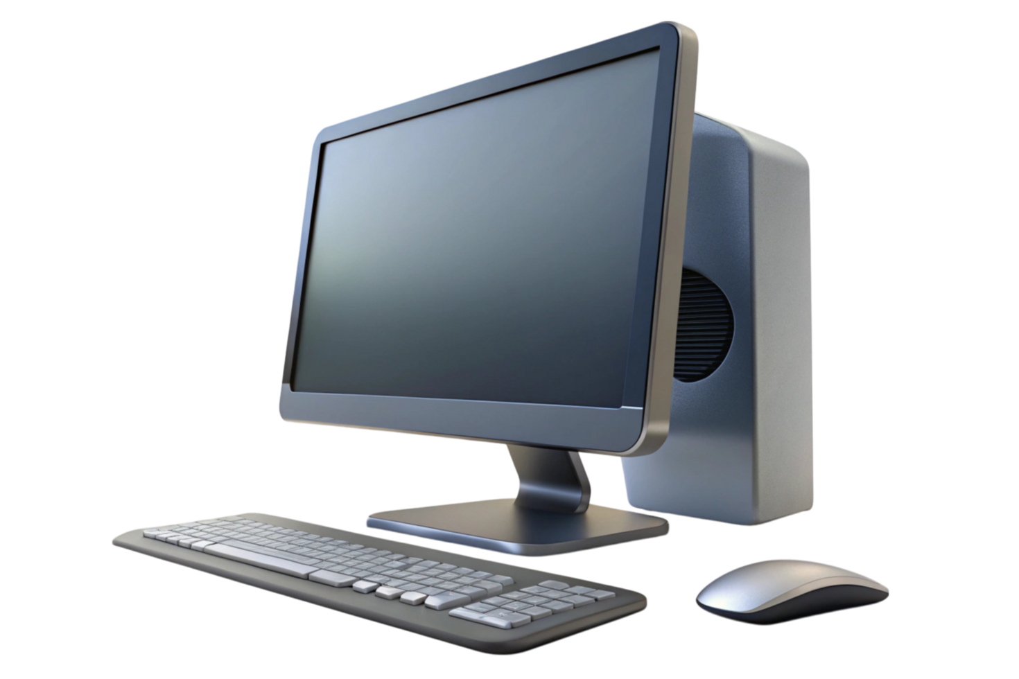 High tech desktop computer system with widescreen display, wireless keyboard, and mouse on a clean, transparent background. png
