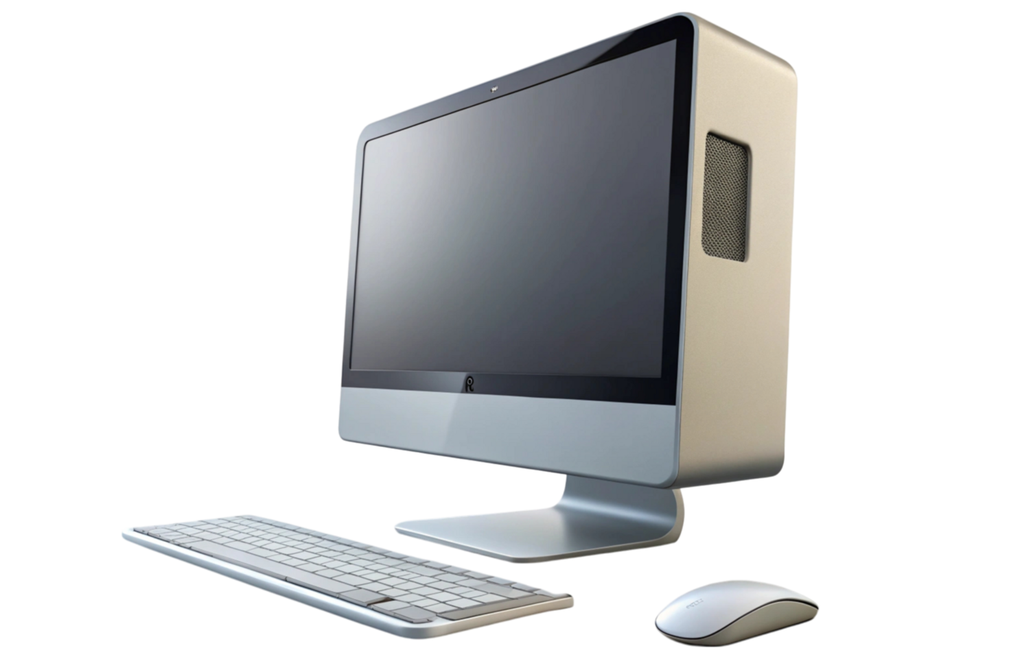 Minimalist desktop computer setup featuring a sleek monitor, ergonomic keyboard, and modern design mouse for efficient office work. png