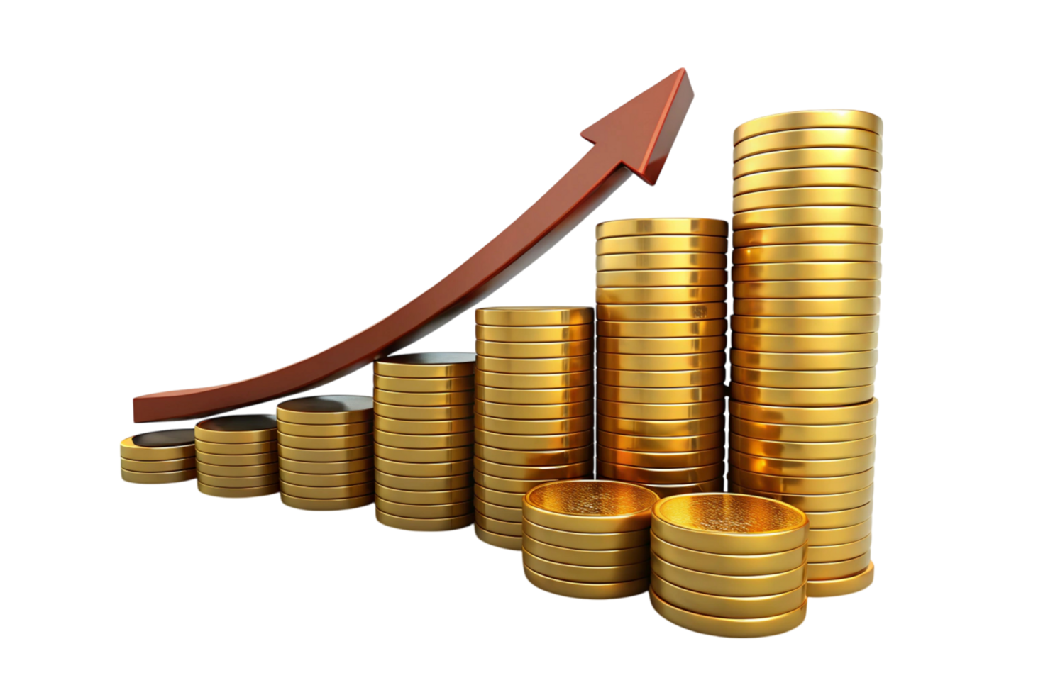 Stacks of gold coins with an upward arrow symbolizing financial growth, economic success, and wealth accumulation in a vibrant illustration. png