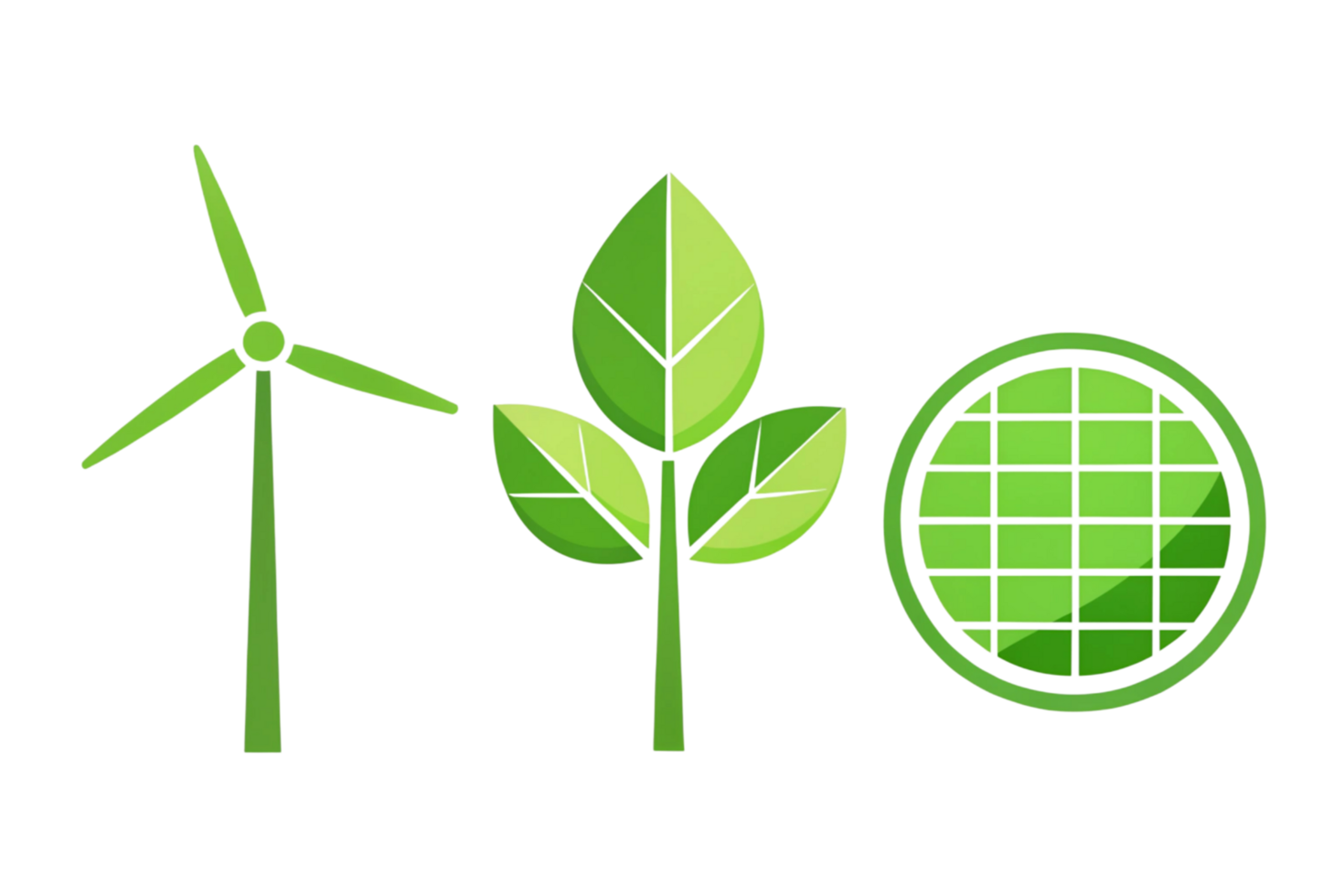 green energy icons showcasing a leaf, wind turbine, and solar panel, emphasizing eco conscious technology and innovation png