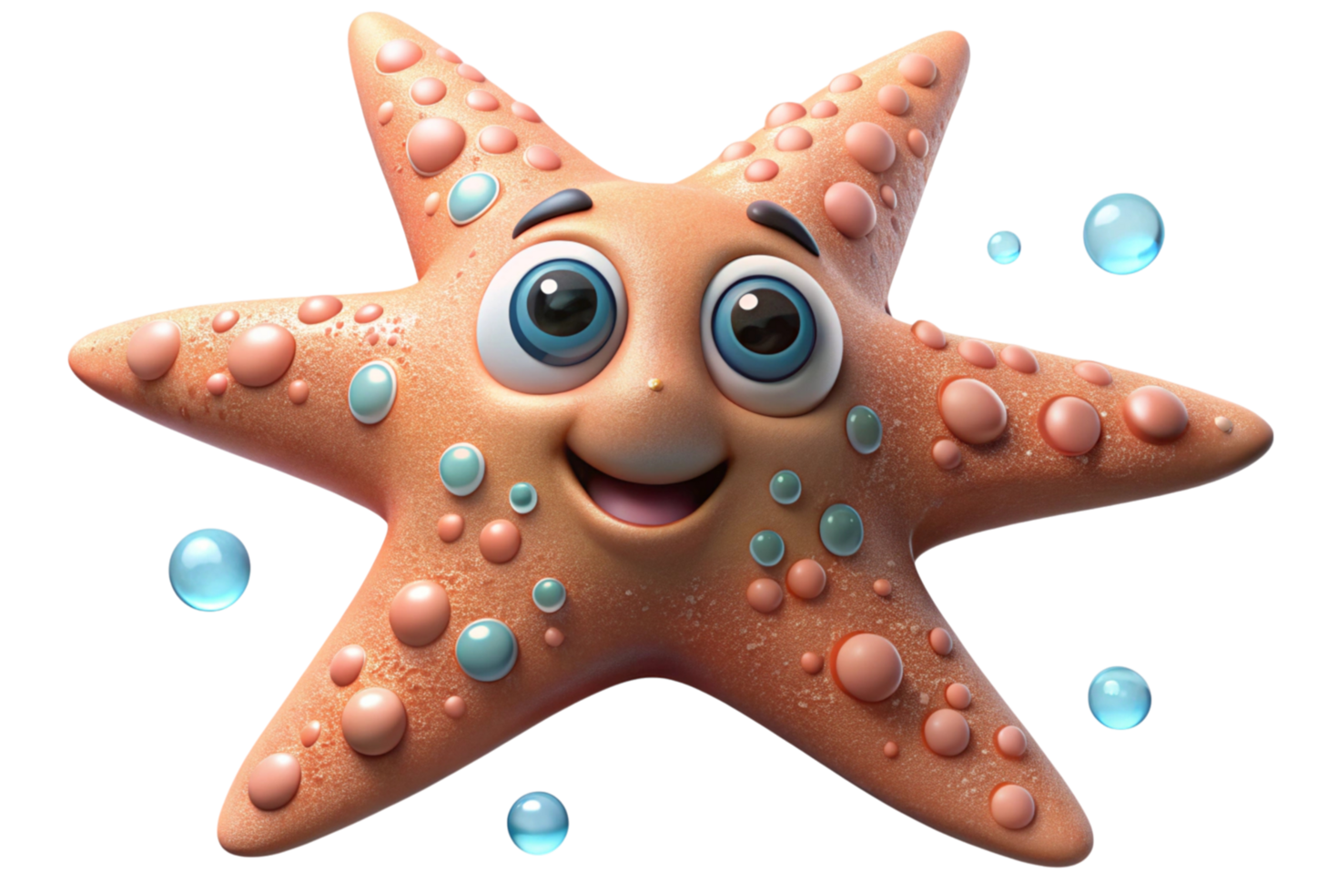 Playful 3D starfish character with large eyes and a joyful smile, surrounded by bubbles, creating a fun and lively underwater feel. png