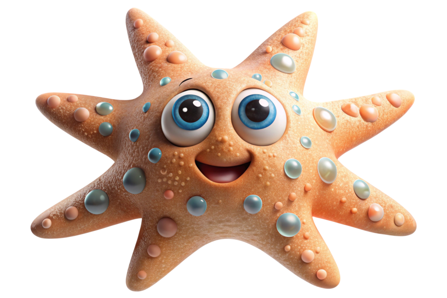 Cute animated starfish with expressive eyes and bubbly texture, radiating charm and fun in a whimsical ocean themed illustration. png