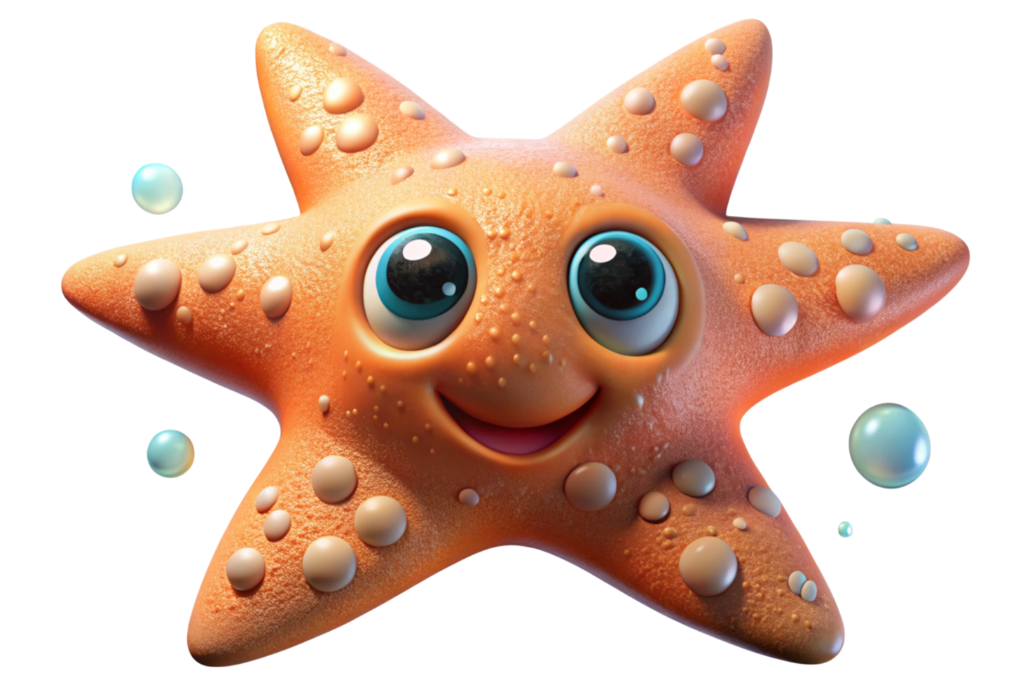 Adorable cartoon starfish with a happy smiling face, covered in bubbles, showcasing vibrant colors and playful underwater vibes. png