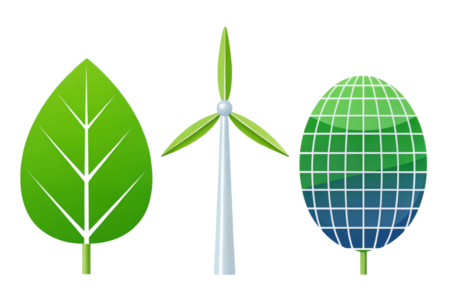 Abstract design with renewable energy symbols including a leaf, wind turbine, and solar grid for eco friendly concepts png
