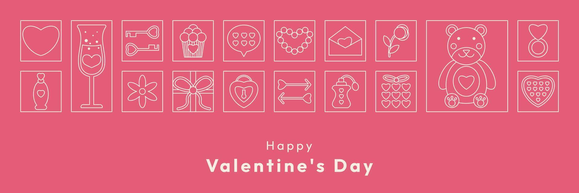 Happy Valentine's Day banner template in line style. Trendy geometric pattern with minimalist Love white icons. Modern background for sale greeting cover. vector