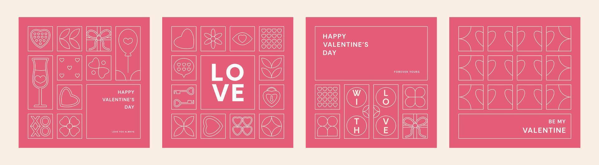 Valentine's Day geometric background in line style. Square minimalist Poster template with Modern pattern. Set of love card with simple icons in flat outline style. Trendy romantic banner cover, post vector