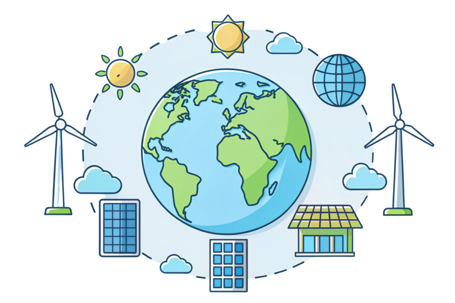 Conceptual design featuring the Earth with renewable energy icons, emphasizing global sustainability and eco friendly technology png