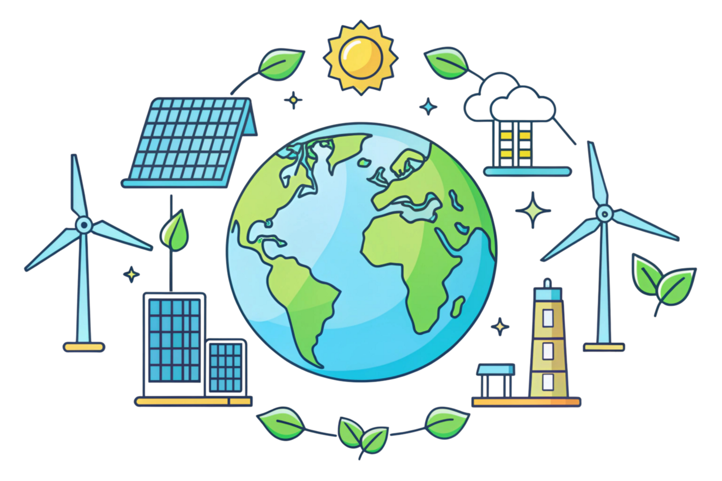 Eco friendly Earth illustration showcasing wind turbines, solar panels, and sustainable energy solutions for a greener future png