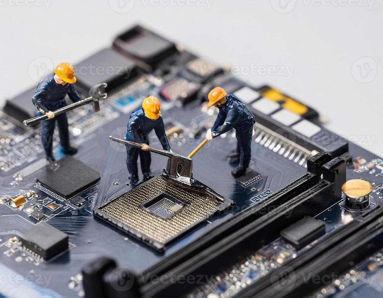 Miniature toy workers are seen busy repairing a computer in detail photo