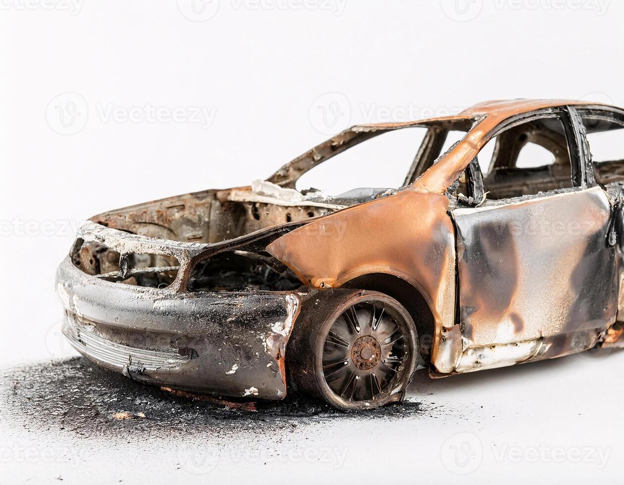 Crisp Contrast Burned-Out Car on Plain White Background photo
