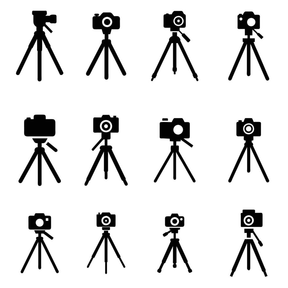 A set of tripod with photo camera silhouette icon vector