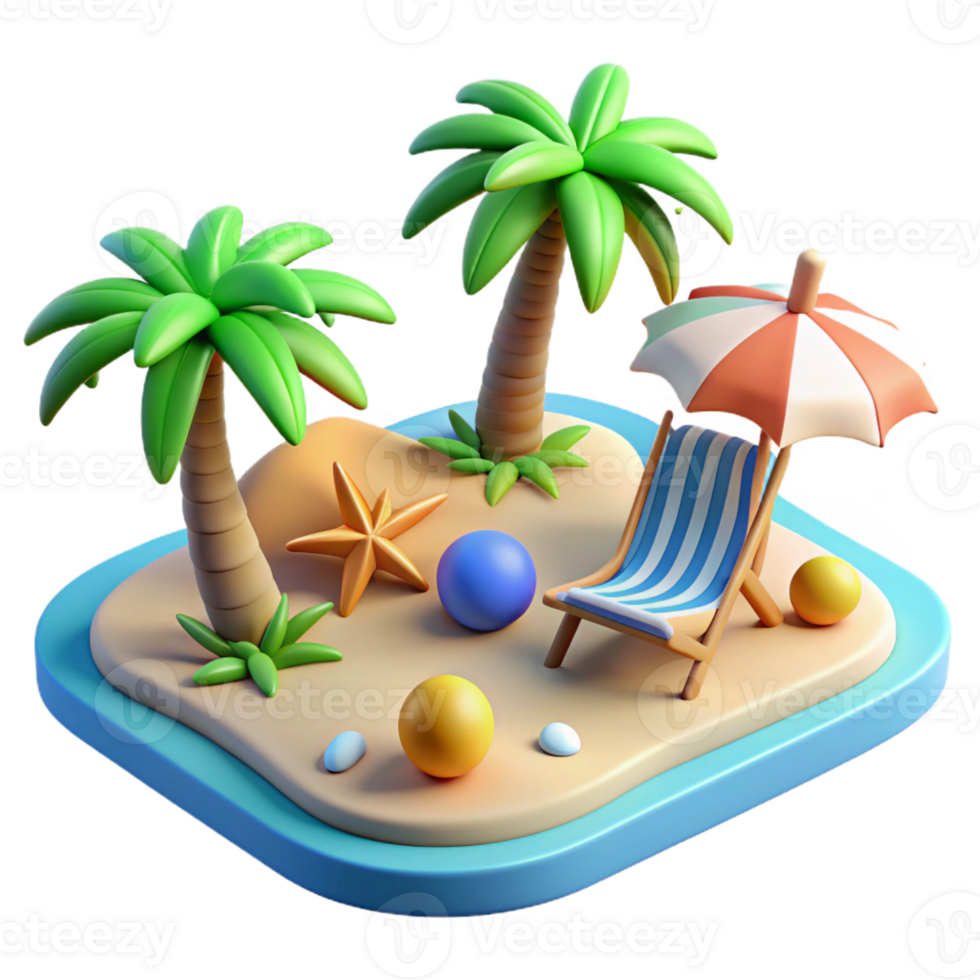 Tropical beach scene with palm trees and umbrellas png