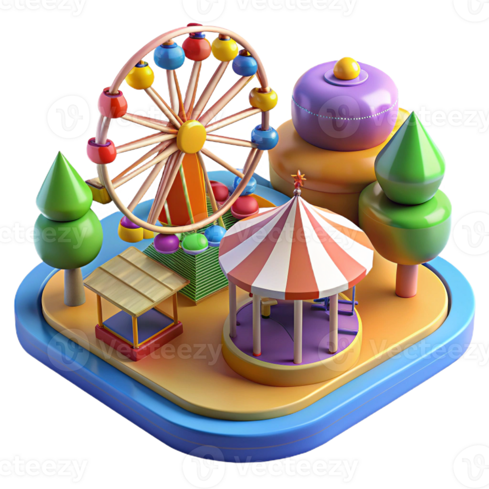 Colorful amusement park with Ferris wheel and carousel png