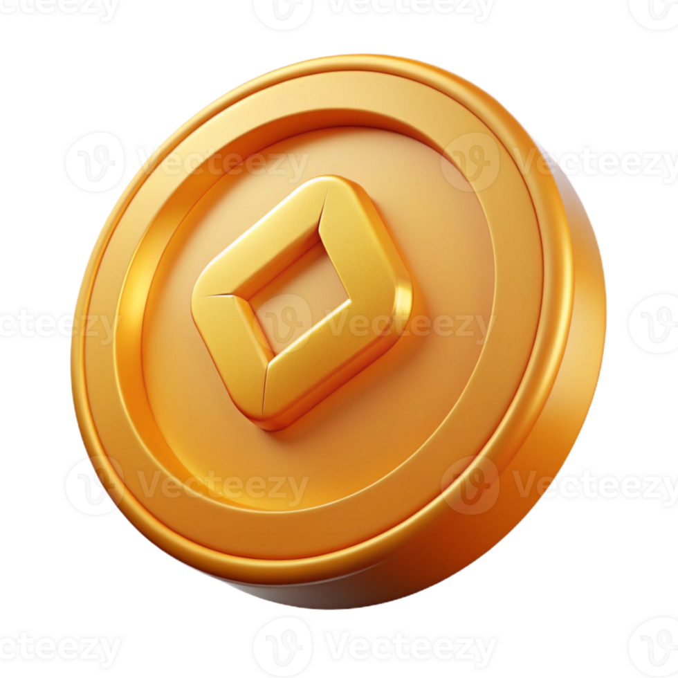Shiny golden coin with metallic finish in 3D png