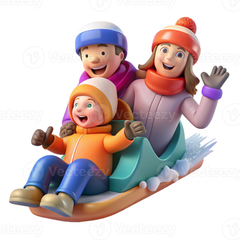 Happy family sledding down snowy hill png