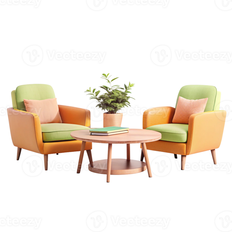 Modern coffee table with stylish chairs in 3D png