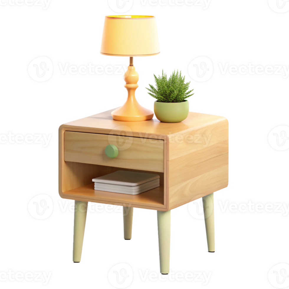 Modern bedside table with a small lamp png