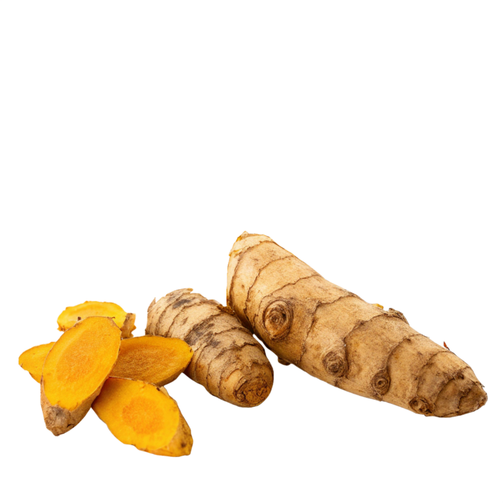 Turmeric root health benefits food photography kitchen environment close-up view nutritional concept png
