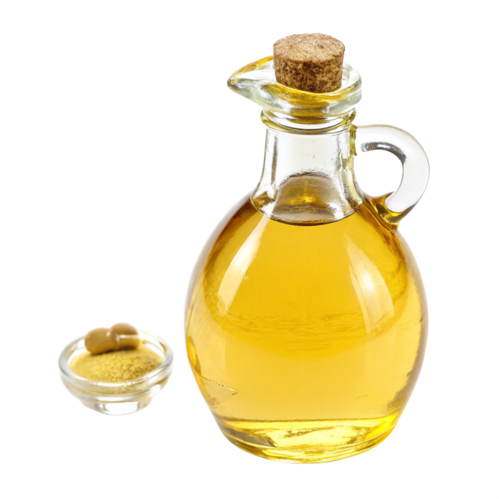 Pure vegetable oil in clear glass bottle product photography minimalist setting png