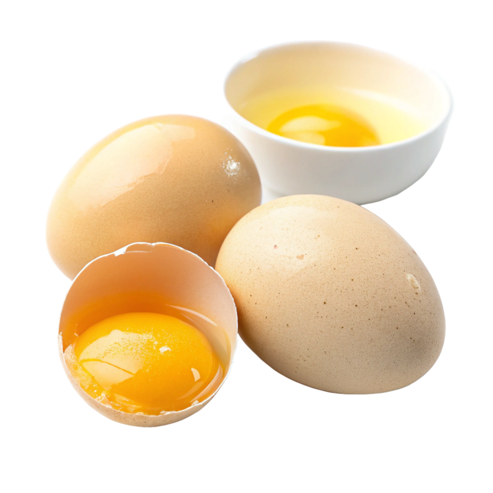 Fresh eggs and yolks displayed on culinary photography bright lighting minimalistic style png