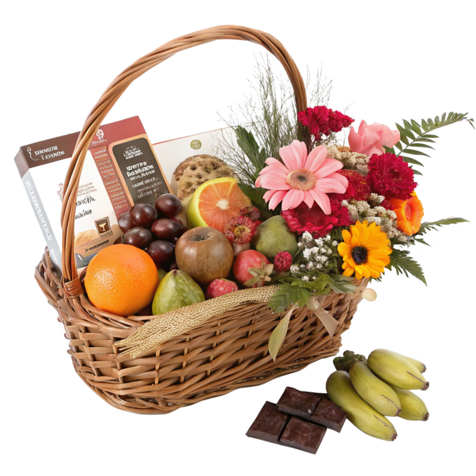Fruit and flower gift basket decorative arrangement studio setting celebratory concept png
