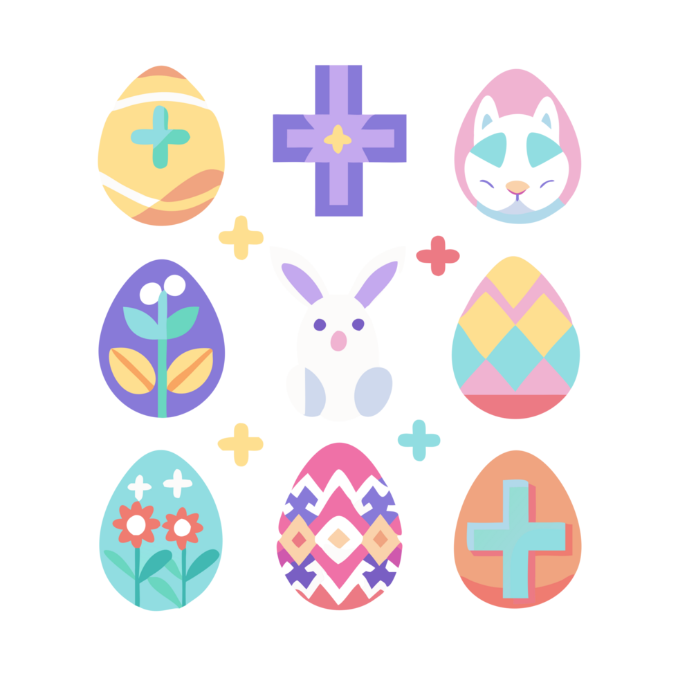 Colorful easter celebration featuring bunnies and decorative eggs festive digital art whimsical setting playful perspective png