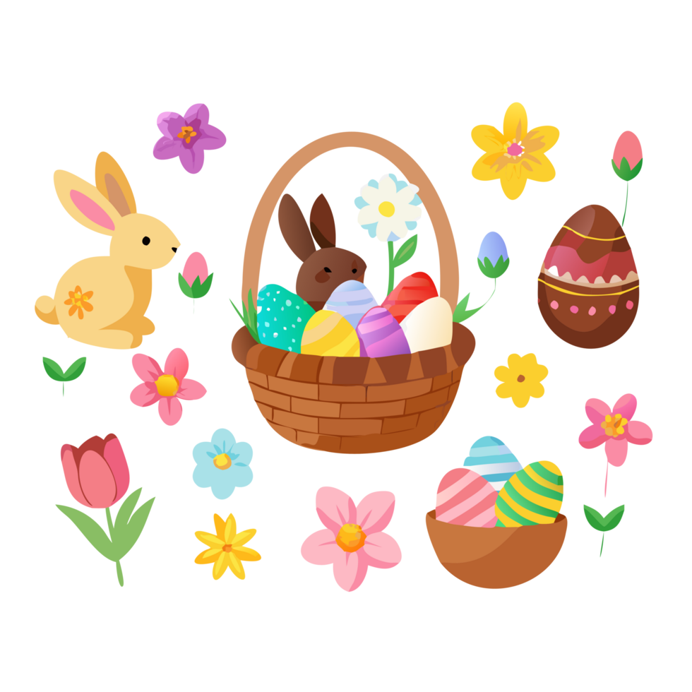 Easter celebration icons featuring bunnies and eggs spring garden digital illustrations colorful scene playful theme png