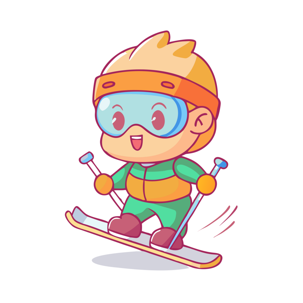 Cute chibi boy skiing in winter wonderland animated graphics playful environment cheerful viewpoint png