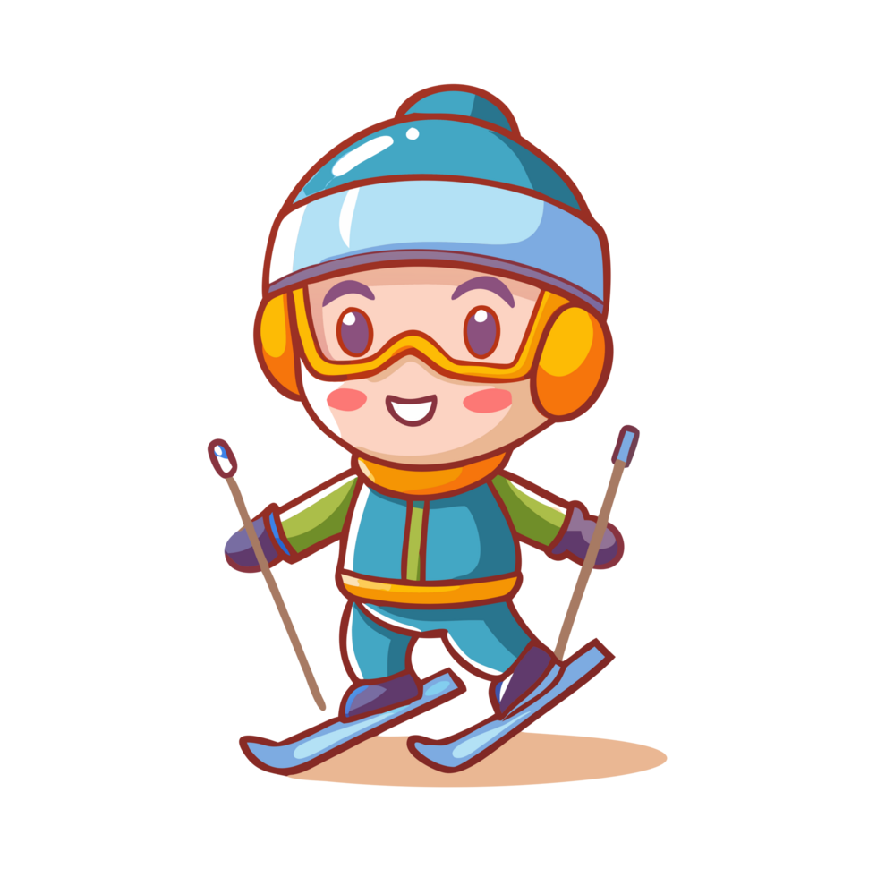Cute chibi boy skiing in winter wonderland character illustration fun environment playful viewpoint png