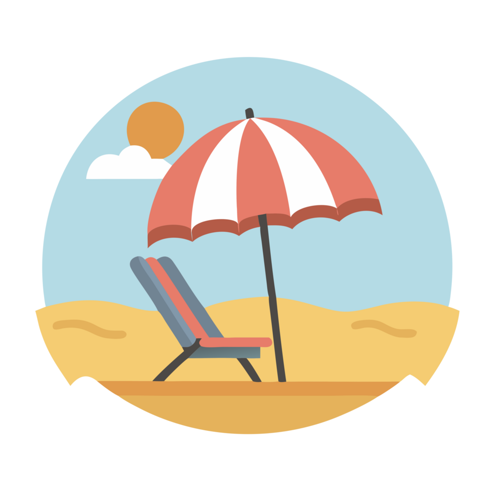 Colorful beach umbrella and chair sunny coastline iconic illustration vibrant setting relaxing viewpoint beach vibes png