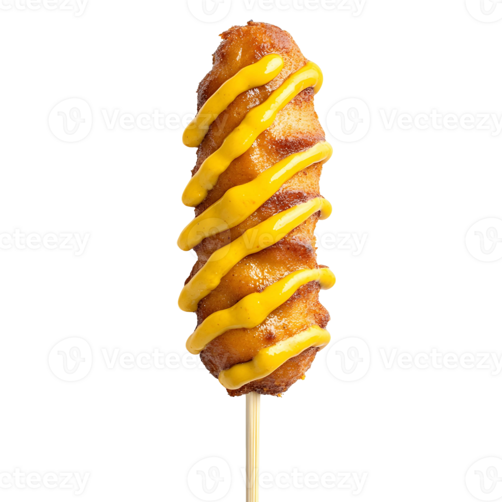 Golden corn dog on a stick with mustard drizzle png