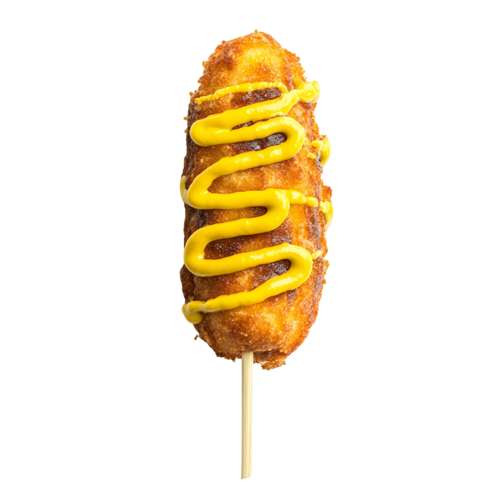Savory corn dog with mustard on a wooden stick png