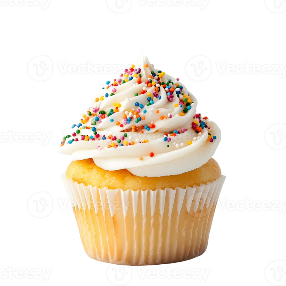 Tasty frosted cupcake with a sprinkle topping png