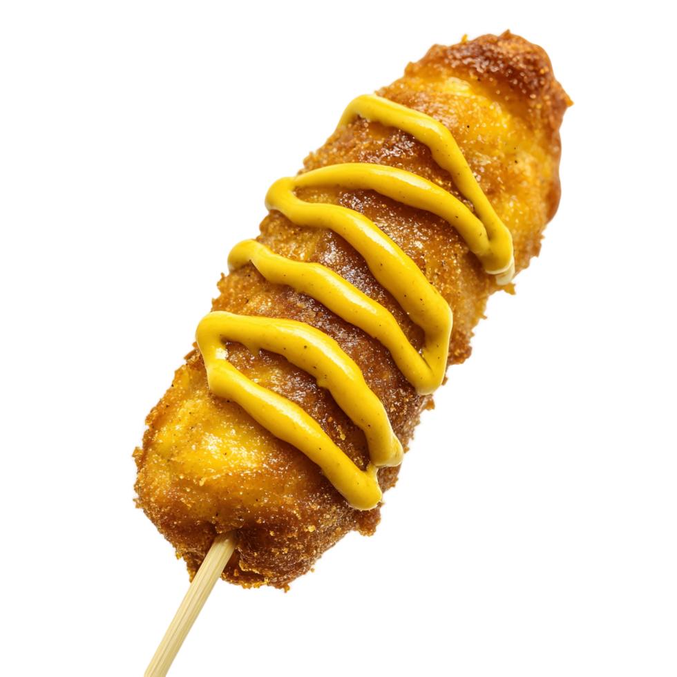 Crunchy corn dog on a stick topped with mustard png