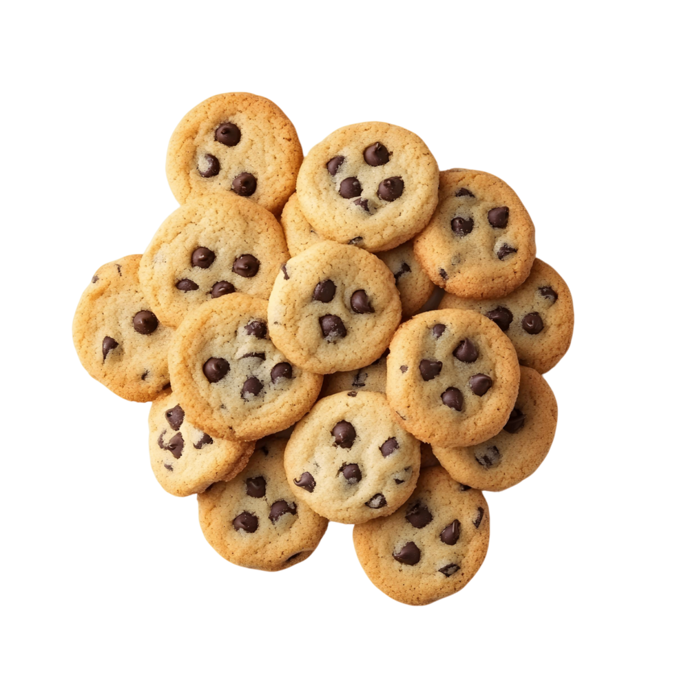 Sweet and chewy chocolate chip cookies in a pile png