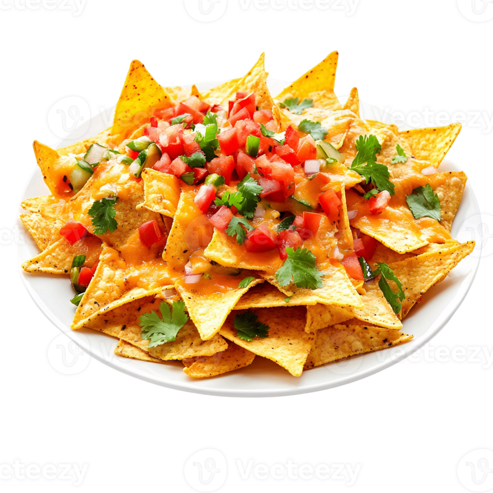 Plate of nachos topped with gooey cheese and extras png