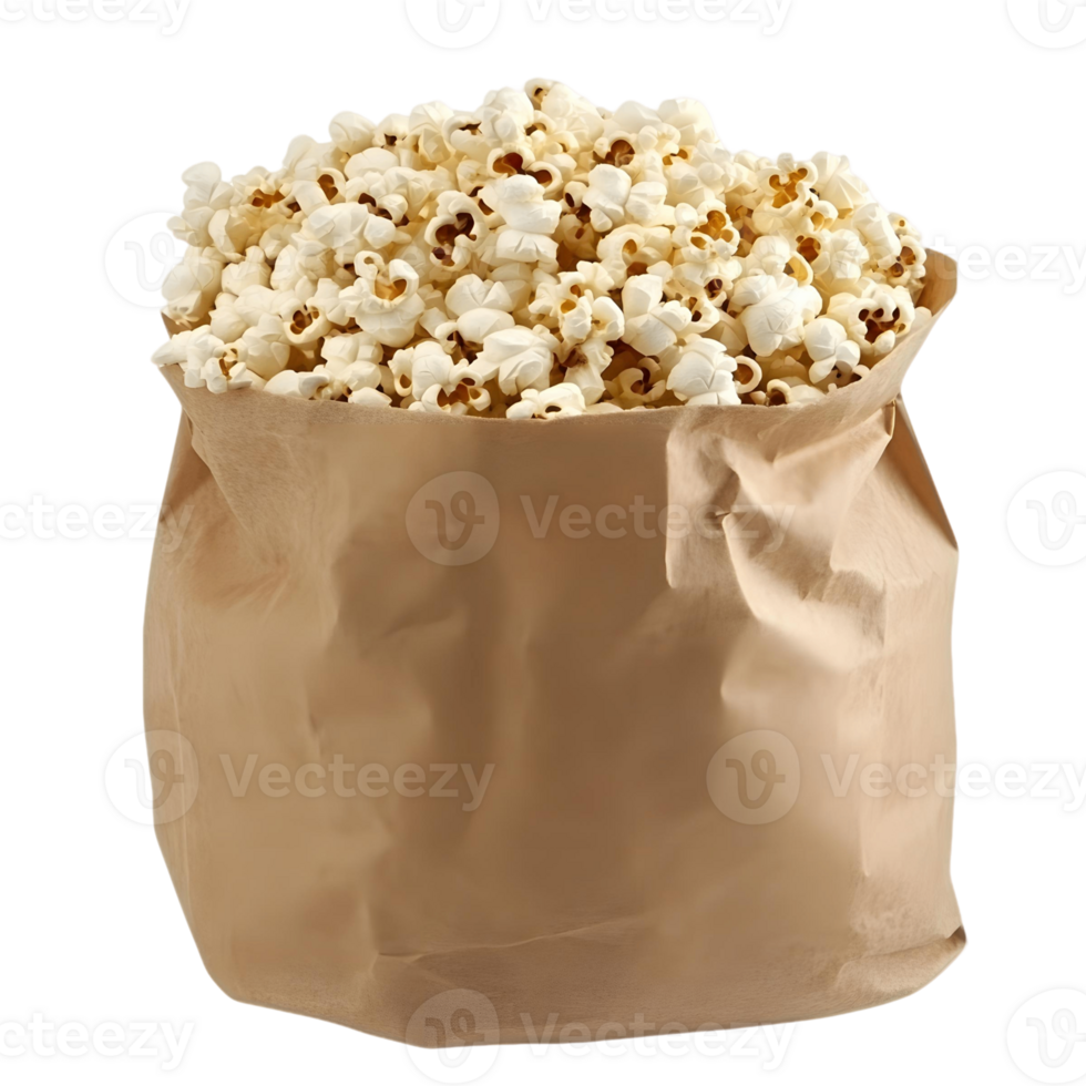 Freshly popped buttery popcorn in a paper bag png