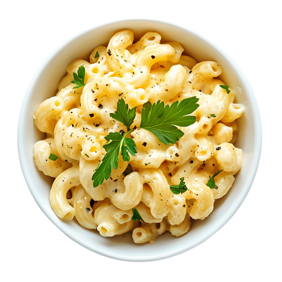 Bowl of macaroni and cheese with parsley on top png