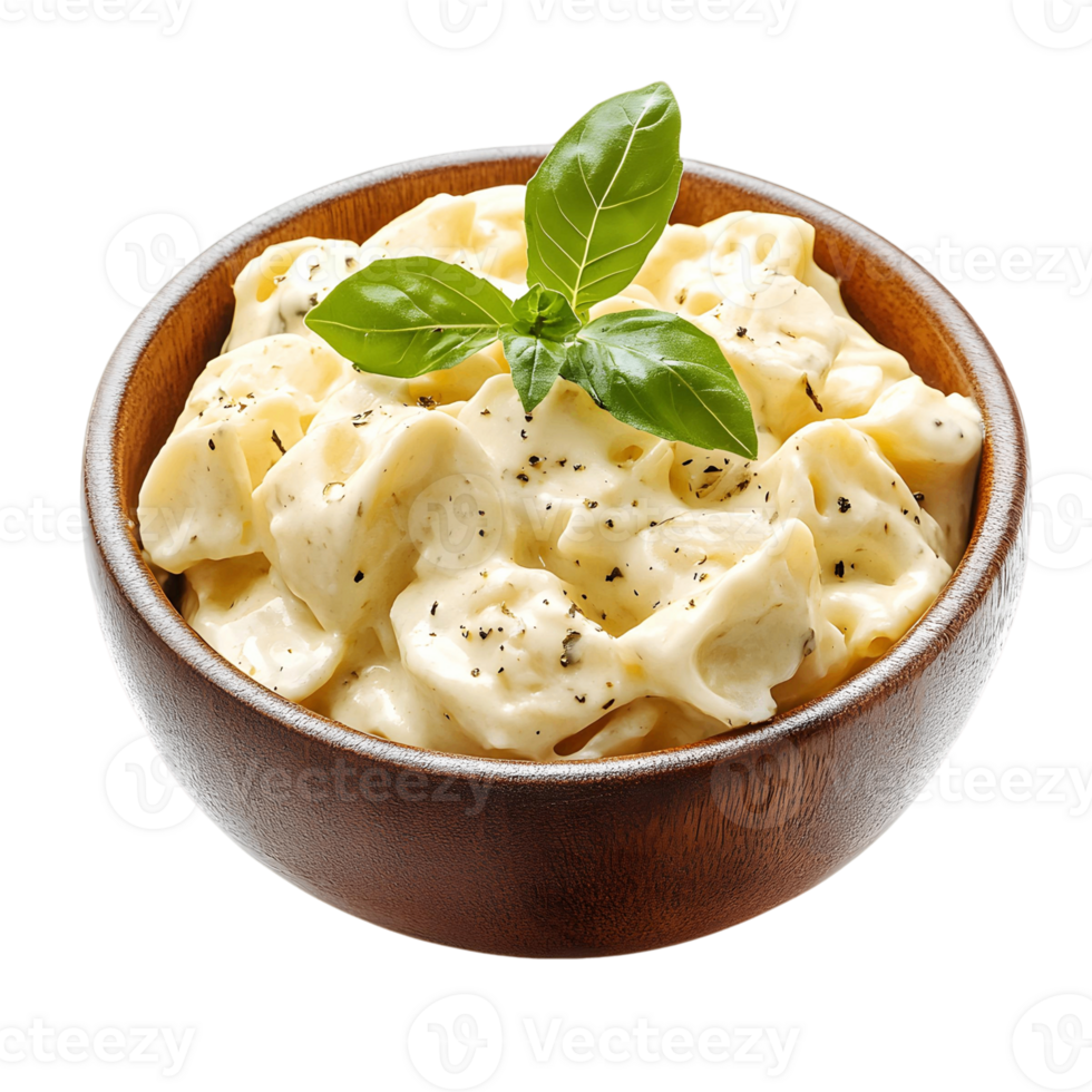 Bowl of pasta with a green leaf on top png