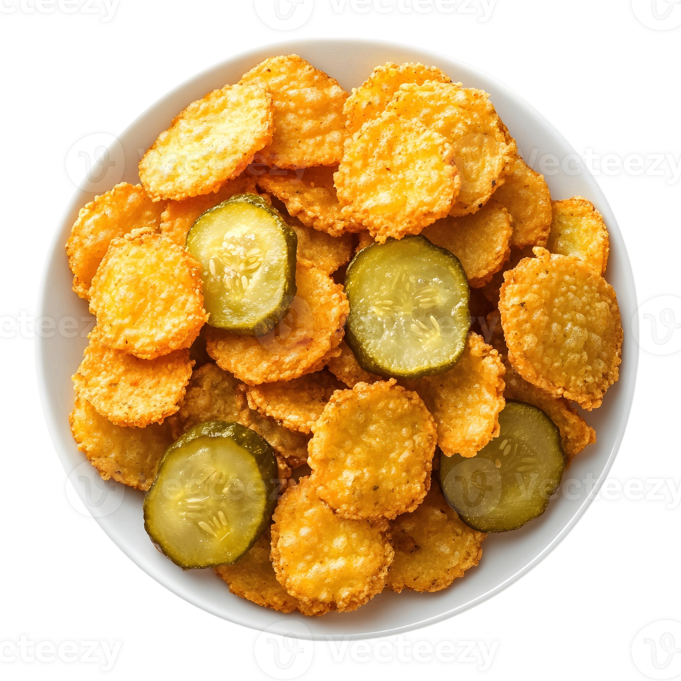 Plate of yellow chips with pickles on top png