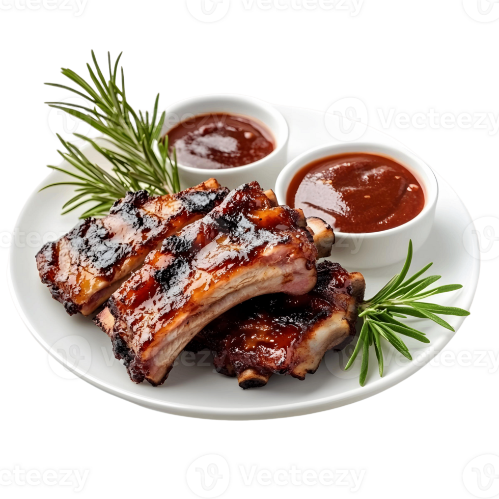 Plate of ribs with sauce and herbs on top png
