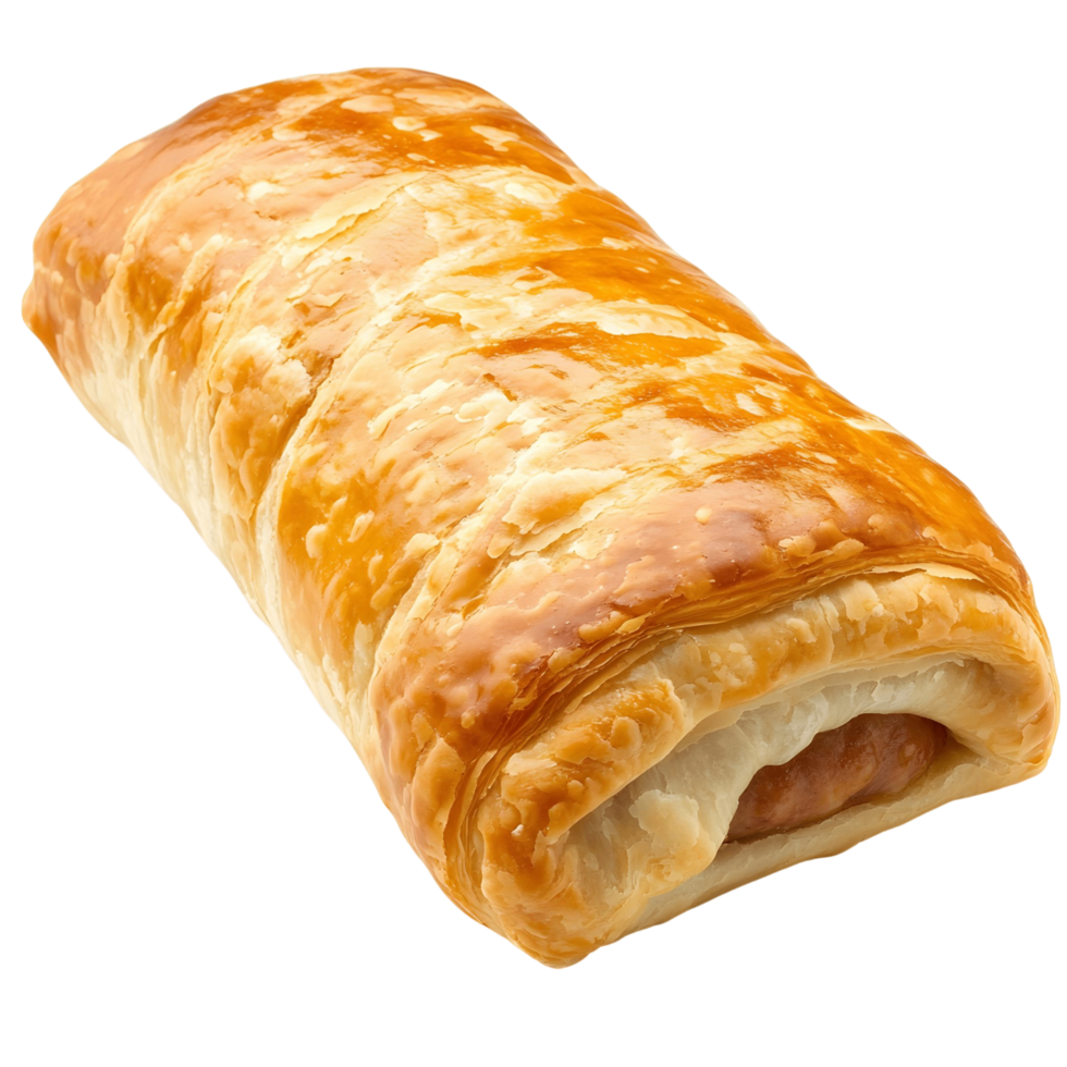 Long, thin, golden brown pastry with a sausage inside png