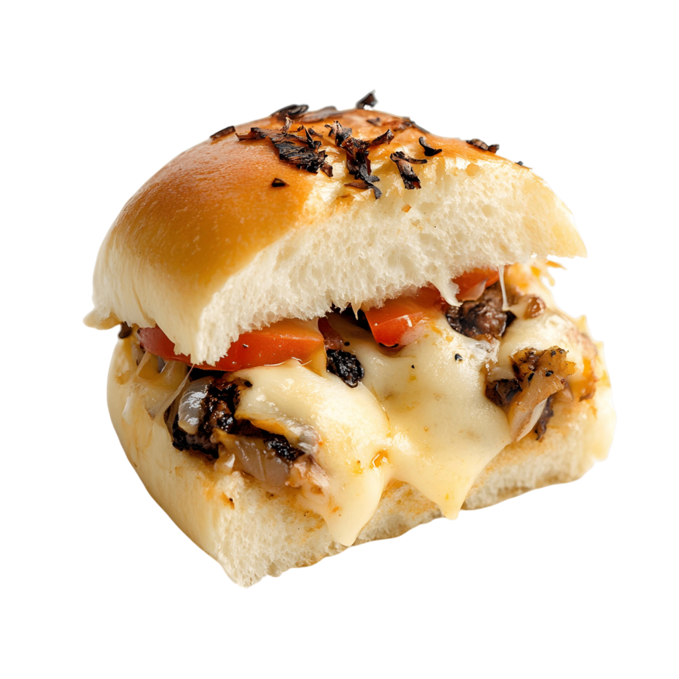 Sandwich with cheese and vegetables is cut in half png
