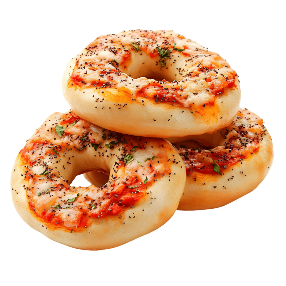 Three doughnuts stacked on top of each other with cheese and pepperoni toppings png